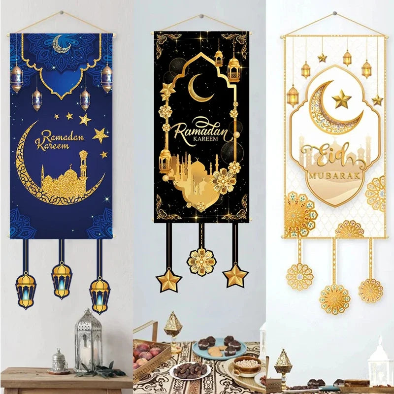 علم رمضان كريم وعيد مبارك للباب والجدار | زينة رمضان معلقة 40×100 سم