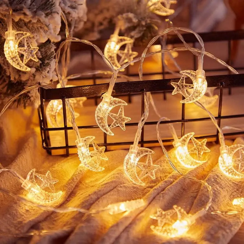 إضاءة رمضان هلال ونجوم 3 متر بـ20 لمبة LED | زينة رمضان للبيت تعمل بالبطارية