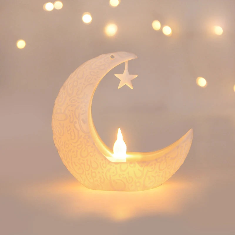 فانوس رمضان LED صغير وهلال بشمعة | زينة سفرة الإفطار والرفوف